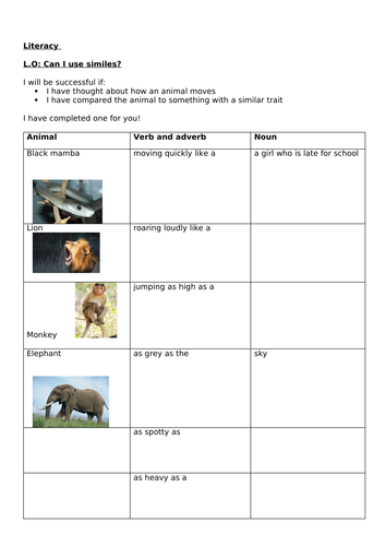 Similes worksheet (Year 2) | Teaching Resources