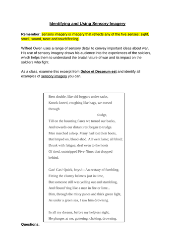 Worksheet: Dulce et Decorum est as a model text for Sensory imagery