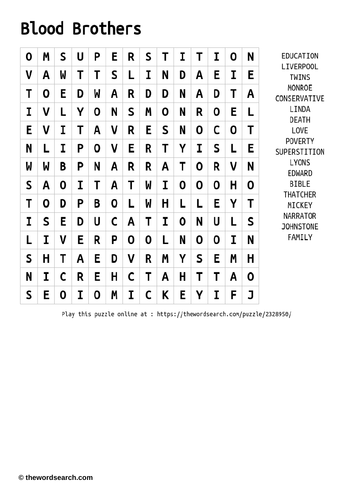 Blood Brother Wordsearch