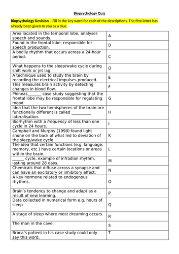 Biopsychology Key Words Quiz