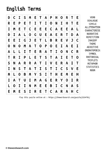 English Terminology Wordsearch