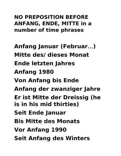 GERMAN A LEVEL AQA 'Anfang' 'Ende' 'Mitte'-  and other expressions of time