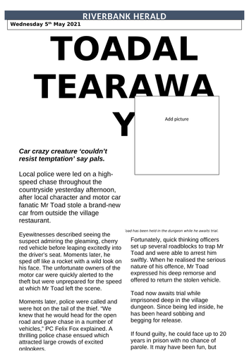 Year 4 Newspaper WAGOLL Toad Arrested - Wind in the Willows