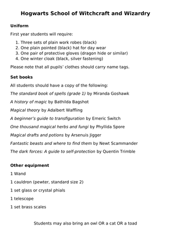 Harry Potter - Hogwarts equipment list