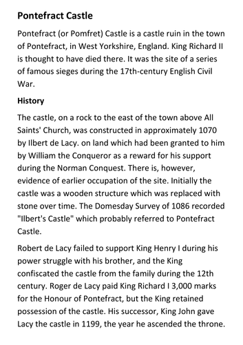 Pontefract (or Pomfret) Castle Handout