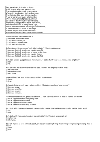 "Romeo and Juliet" The prologue HW Quiz Multi Choice Pre Reading