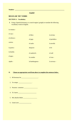 Spanish Regular ER  VERB Vocabulary  Worksheet