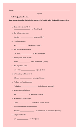 Conjugation ( Regular AR,ER and IR verbs)