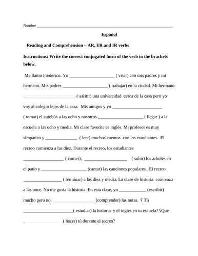 Verb Conjugation of Regular AR, ER and IR verbs