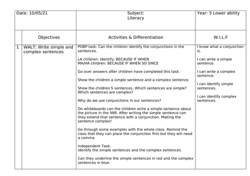 Complex, compound and simple sentence weekly plan