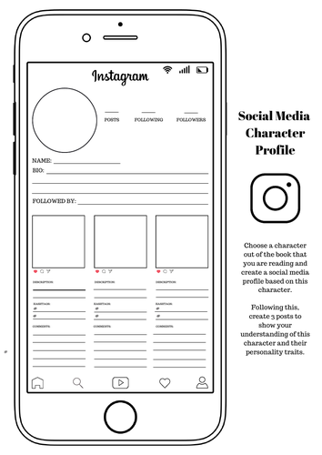 Character Instagram Profile Analysis Template. GCSE English Literature. Social Media Activity