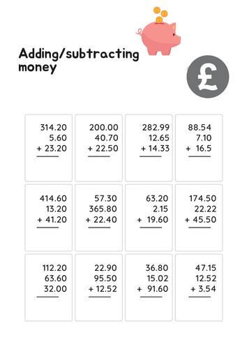 Adding and subtracting money worksheets