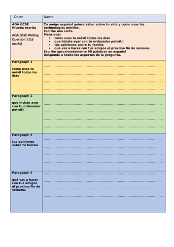 GCSE Spanish Writing task structure strip