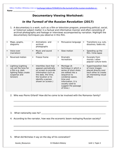 Modern History  Worksheet - Documentary - In the Turmoil of the Russian Revolution
