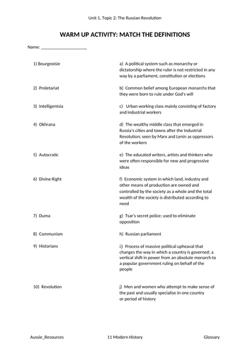 Modern History  Worksheet - Russian Revolution - Match the definitions
