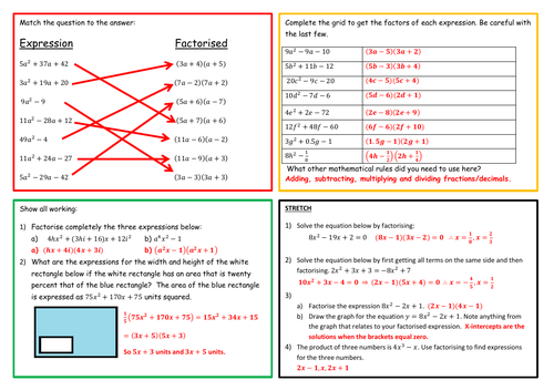 Factorising Quadratics when a>1 Worksheet | Teaching Resources