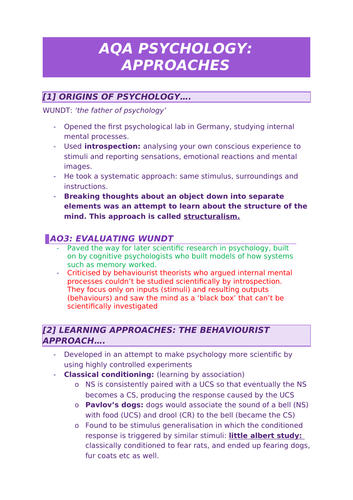 AQA Psychology A-Level: approaches revision