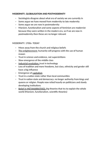 Modernity, Globalisation and Postmodernity revision notes