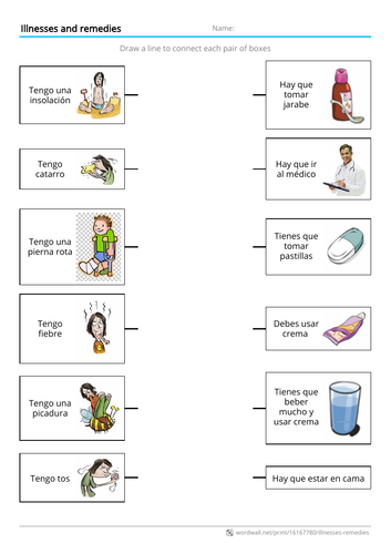 Illnesses and Remedies match up worksheet