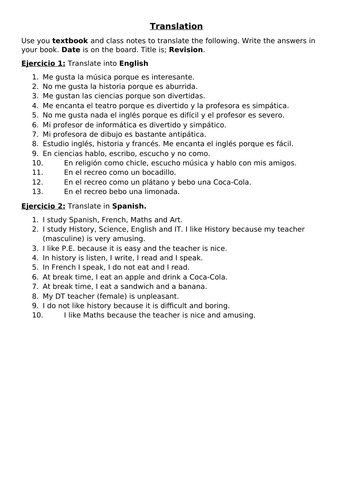 Yr 7 Spanish Revision: School Topic