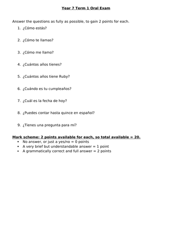 Spanish Yr 7 Speaking Test Questions: Term 1