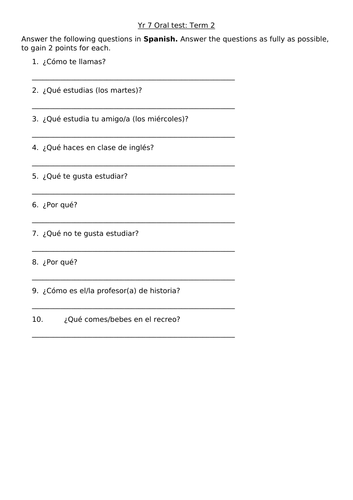 Spanish Yr 7 Speaking Test Questions: Term 2