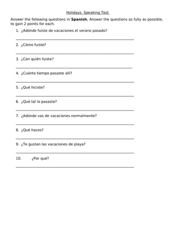 KS3 Spanish: Vacaciones (Holidays) Speaking Test Questions