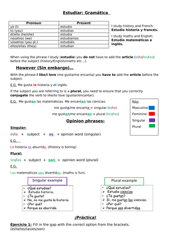 (Yr 7 Spanish) El Instituto: Grammar Notes & Exercises.