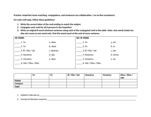 Practice worksheet imperfect tense Spanish