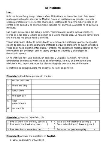 KS3 Spanish: El Instituto Reading Comp (With Answers)