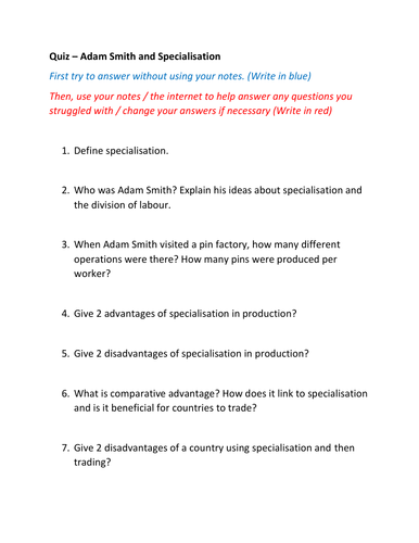 Quizzes Specialisation, The Division of Labour and Entrepreneurs