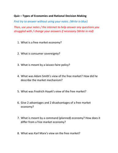 Quizzes Command Economy, Rational Decision Making and Money