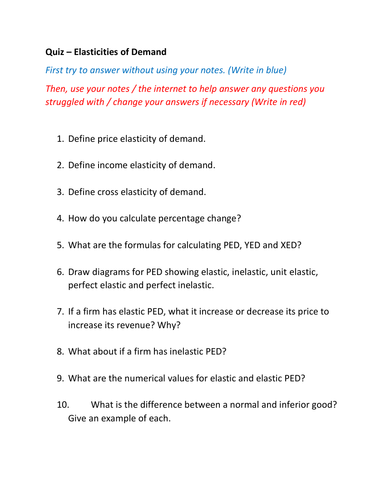 QUIZ ELASTICITIES OF DEMAND