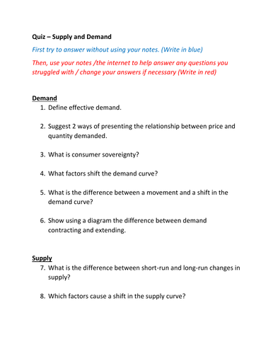 SUPPLY AND DEMAND QUIZZES