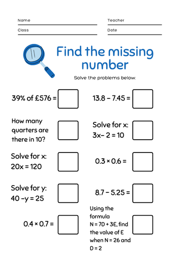 KS3 / GCSE Revision Sheet. 10 mixed questions. Percentages, fractions, algebra..