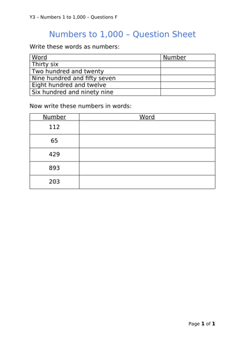 Y3 Maths - Numbers to 1,000 (Free)