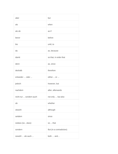 GERMAN WJEC GCSE vocabulary revision list CONJUNCTIONS