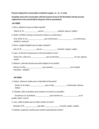 Subjunctive regular verbs conversation worksheet