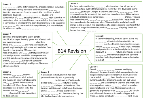 AQA GCSE Biology (9-1) B14 Variation and evolution - Gap fill mind map for revision