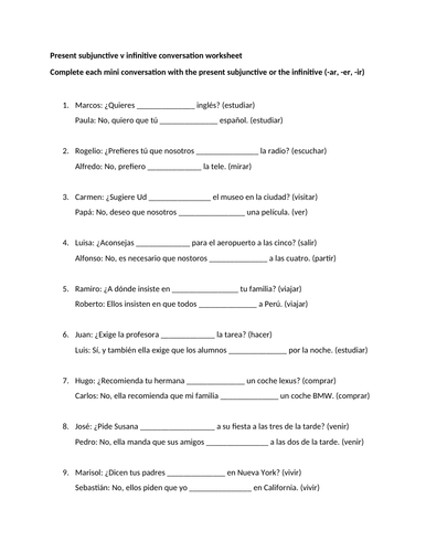 Subjunctive infinitive conversation worksheet