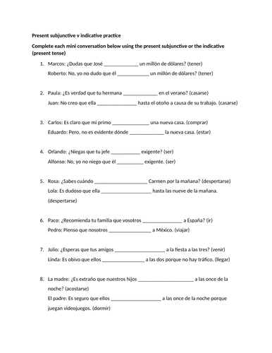 Subjunctive v indicative conversation worksheet