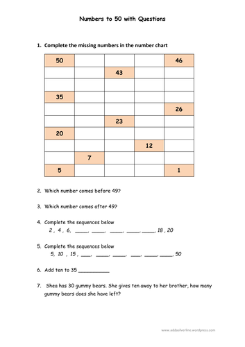 KS1 NUMBERS TO 50 (WITH QUESTIONS)