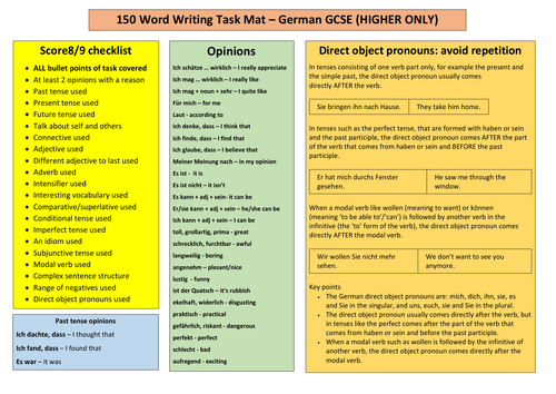 German GCSE 150-word writing mat - Higher