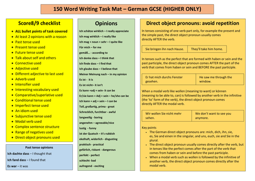 German GCSE 150-word writing mat - Higher