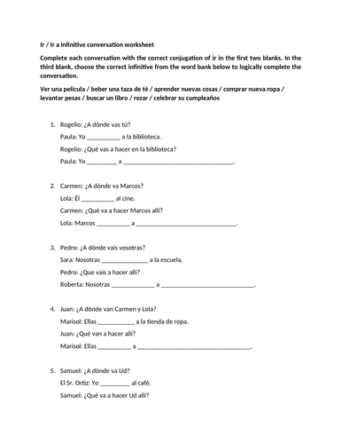 Ir and ir a infinitive conversation worksheet