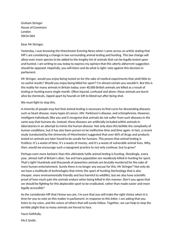 Letter To MP Against Animal Testing and Hunting