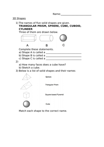 3D SHAPES WORKSHEET