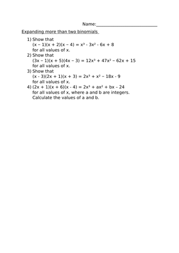 EXPANDING MORE THAN TWO BINOMIALS WORKSHEET