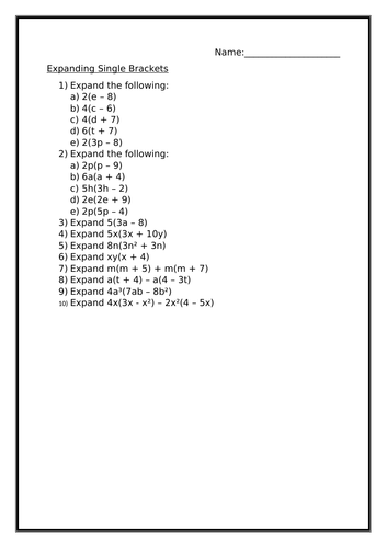 EXPANDING SINGLE BRACKETS WORKSHEET