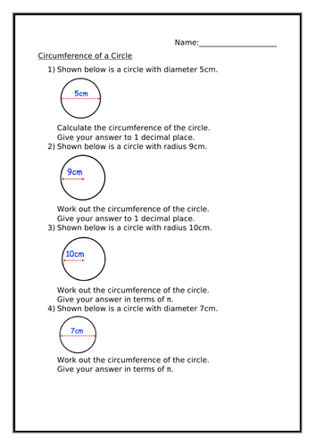 CIRCUMFERENCE OF A CIRCLE WORKSHEET